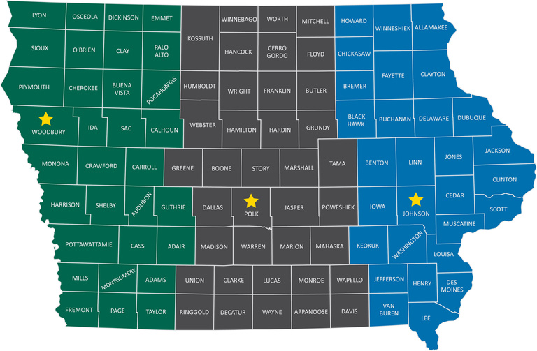 Map of Iowa divided into three sections, one for each SIM IA truck. 
